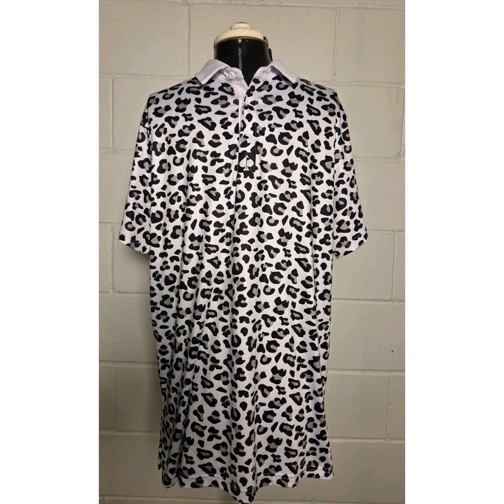 Pins And Aces Polo Mens Medium White Leopard Print Golf Performance Shirt EUC
